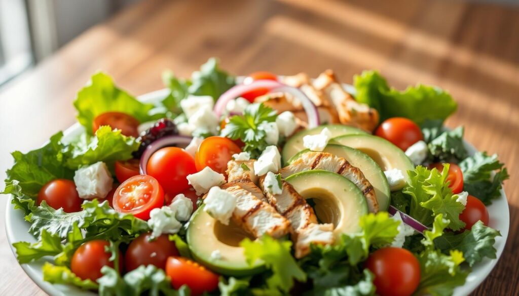 A beautifully arranged keto-friendly salad featuring a variety of fresh ingredients. In the foreground, display crisp romaine and kale leaves interspersed with vibrant cherry tomatoes, creamy avocado slices, and tender grilled chicken pieces. Add a sprinkle of feta cheese and a garnish of fresh herbs like cilantro or parsley. In the middle ground, include a light drizzle of olive oil and a few slivers of red onion for contrast. The background showcases a soft-focus rustic wooden table, creating a warm and inviting atmosphere. Natural sunlight pours in, casting gentle highlights and shadows over the salad, enhancing the freshness of the ingredients. The composition is shot at a slight angle to provide depth, emphasizing the colorful textures and the overall appeal of the dish. A beautifully arranged keto-friendly salad featuring a variety of fresh ingredients. In the foreground, display crisp romaine and kale leaves interspersed with vibrant cherry tomatoes, creamy avocado slices, and tender grilled chicken pieces. Add a sprinkle of feta cheese and a garnish of fresh herbs like cilantro or parsley. In the middle ground, include a light drizzle of olive oil and a few slivers of red onion for contrast. The background showcases a soft-focus rustic wooden table, creating a warm and inviting atmosphere. Natural sunlight pours in, casting gentle highlights and shadows over the salad, enhancing the freshness of the ingredients. The composition is shot at a slight angle to provide depth, emphasizing the colorful textures and the overall appeal of the dish.