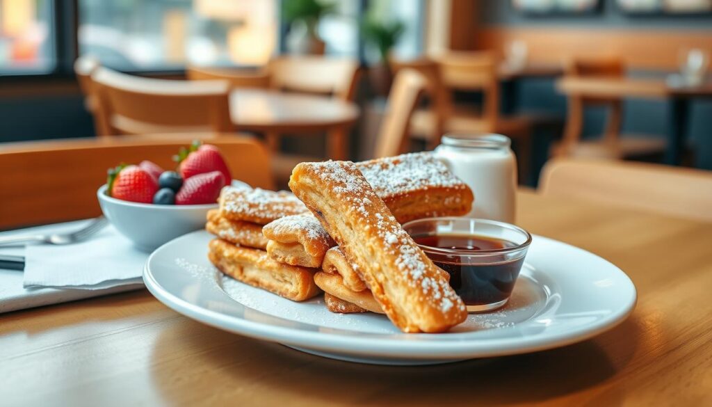 A beautifully composed image of golden-brown French toast sticks served in a casual breakfast setting. In the foreground, a white plate features perfectly stacked French toast sticks, dusted with powdered sugar and accompanied by a small bowl of maple syrup for dipping. The middle ground includes a subtle garnishing of fresh strawberries and blueberries, adding vibrant color to the scene. The background softly blurs into a cozy café atmosphere with warm wooden tables and hints of natural light filtering through a window, creating an inviting morning ambiance. The photo is taken from a slight overhead angle to showcase the delectable details of the French toast sticks and syrup, evoking a warm, comforting mood perfect for a breakfast delight. A beautifully composed image of golden-brown French toast sticks served in a casual breakfast setting. In the foreground, a white plate features perfectly stacked French toast sticks, dusted with powdered sugar and accompanied by a small bowl of maple syrup for dipping. The middle ground includes a subtle garnishing of fresh strawberries and blueberries, adding vibrant color to the scene. The background softly blurs into a cozy café atmosphere with warm wooden tables and hints of natural light filtering through a window, creating an inviting morning ambiance. The photo is taken from a slight overhead angle to showcase the delectable details of the French toast sticks and syrup, evoking a warm, comforting mood perfect for a breakfast delight.