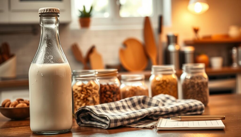 A bottle of fresh, creamy milk sits prominently in the foreground, with droplets of condensation glistening on its surface. Surrounding the milk bottle, several glass jars filled with various common allergens like nuts, wheat, and soy are arranged artistically. The middle ground features an elegantly styled kitchen countertop, complete with a folded checkered cloth and a small notepad with a pen, suggesting the theme of meal planning. In the background, soft, warm lighting infuses the scene, highlighting the inviting kitchen décor, while a hint of natural light streams in from a nearby window, creating a cozy atmosphere. The overall mood is informative yet comforting, suitable for discussing food safety and allergen awareness.