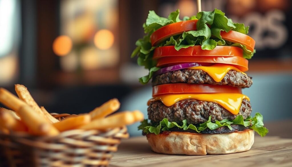 A close-up of a delicious bunless burger, showcasing a thick, juicy beef patty topped with crisp lettuce, fresh tomato slices, and melted cheese, all stacked high without any bread. In the foreground, a side of golden, crispy fries sits in a rustic basket. The middle layer features a vibrant salad with various colorful vegetables and a drizzle of dressing, emphasizing the healthy aspect of gluten-free eating. The background is softly blurred, suggesting a cozy, modern restaurant environment with warm lighting. Use a shallow depth of field to focus on the burger, creating an inviting atmosphere that highlights the appealing textures and colors of the ingredients, conveying a sense of satisfaction and indulgence in a gluten-free meal.