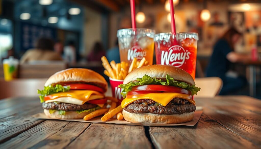 A close-up view of a "Biggie Bag" from Wendy's presented on a rustic wooden table. The foreground features a large, appetizing burger, topped with fresh lettuce, tomatoes, and melted cheese, alongside crispy fries served in a branded container. In the middle ground, add a refreshing iced drink, with condensation on the glass, showcasing vibrant colors. The background fades softly, depicting a cozy fast-food restaurant scene with warm lighting and blurred outlines of customers enjoying their meals. Aim for a vibrant, inviting atmosphere that highlights the value and comfort of fast food. The image should have bright, natural lighting, capturing textures of the food, using a slightly angled perspective to create depth. No text or logos should be visible.
