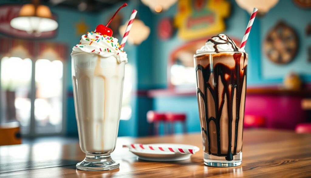 A close-up view of two classic shakes elegantly presented on a wooden table. In the foreground, a rich, creamy vanilla shake topped with whipped cream, a cherry, and colorful sprinkles in a tall glass is juxtaposed with a chocolate shake drizzled with chocolate syrup. The middle ground features a small plate with a couple of straws waiting beside the shakes. In the background, soft-focus hints of a vibrant ice cream parlor interior, with retro decor and cheerful colors, enhance the atmosphere. Natural light filters in, casting a warm glow, capturing the delicious textures and glossy finishes of the shakes. The scene conveys a nostalgic, inviting vibe, evoking the excitement of classic ice cream treats.