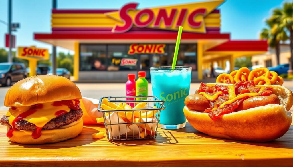 A colorful and appetizing display of Sonic's $1.99 menu items, with a variety of delicious fast-food offerings including burgers, hot dogs, and slushes. In the foreground, a vibrant burger drizzled with special sauce, a perfectly grilled hot dog topped with mustard and relish, and a refreshing bright blue slush in a clear cup. The middle ground features a rustic wooden table garnished with fries in a metal basket and condiments in bright, cheerful colors. The background showcases a sunny day at a Sonic drive-in, with a retro-style sign and cars parked under the bright blue sky. The lighting is warm and inviting, creating a cheerful, nostalgic atmosphere, as if capturing the essence of a fun summer day spent enjoying classic fast food with family and friends.