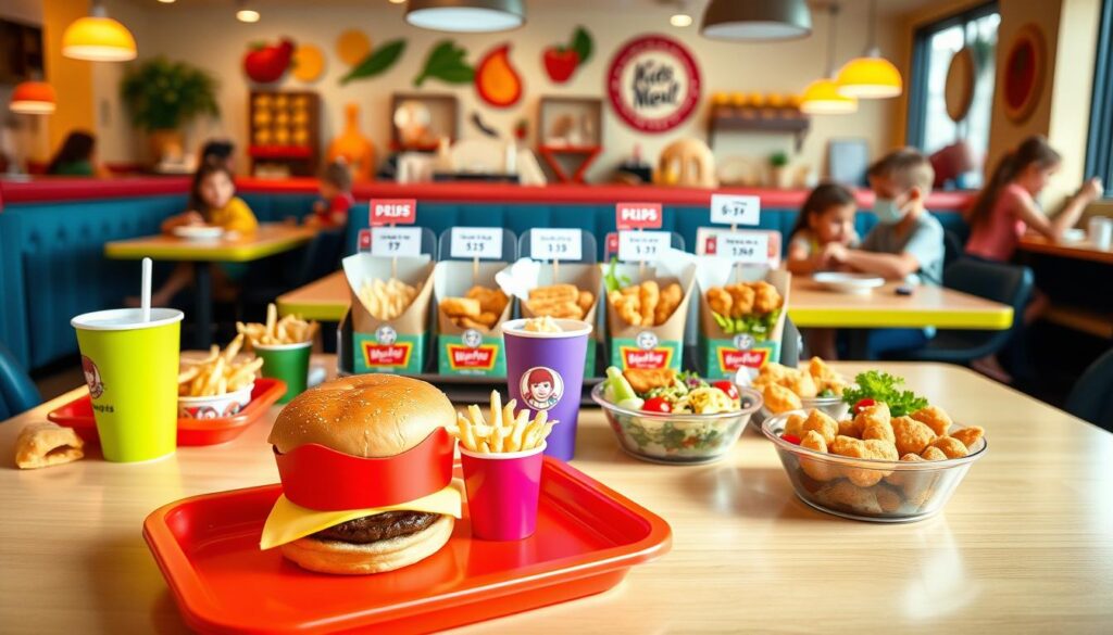 A colorful and inviting table setting featuring a variety of kids' meals from Wendy's, beautifully arranged with playful and child-friendly dishes. In the foreground, focus on a vibrant kids meal with a hamburger, small fries, and a drink, all neatly presented on a bright tray. In the middle, include a visual lineup of different meal options, such as chicken nuggets and salads, showcasing their appealing presentation, with prices subtly indicated. The background should display a family-friendly restaurant atmosphere, with cheerful decor and children enjoying their meals, adding warmth and liveliness to the scene. Utilize soft, natural lighting to create an inviting, wholesome feel, with a slight depth of field for a professional touch, capturing the essence of value and variety in kids meal pricing. A colorful and inviting table setting featuring a variety of kids' meals from Wendy's, beautifully arranged with playful and child-friendly dishes. In the foreground, focus on a vibrant kids meal with a hamburger, small fries, and a drink, all neatly presented on a bright tray. In the middle, include a visual lineup of different meal options, such as chicken nuggets and salads, showcasing their appealing presentation, with prices subtly indicated. The background should display a family-friendly restaurant atmosphere, with cheerful decor and children enjoying their meals, adding warmth and liveliness to the scene. Utilize soft, natural lighting to create an inviting, wholesome feel, with a slight depth of field for a professional touch, capturing the essence of value and variety in kids meal pricing.
