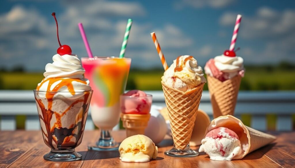 A colorful assortment of classic ice cream desserts featuring a variety of sundaes, floats, and cones arranged artfully on a wooden table. In the foreground, a rich chocolate sundae topped with whipped cream, a cherry, and drizzled with caramel sauce sits next to a vibrant rainbow sherbet float with a straw. Nearby, a traditional waffle cone is filled with scoops of vanilla and strawberry ice cream, partially melting in the summer heat. In the middle background, a dreamy, softly blurred landscape with a sunny sky enhances the excitement of the scene. The lighting is bright and cheerful, casting soft shadows to give depth. The overall mood is playful and inviting, perfect for ice cream lovers.