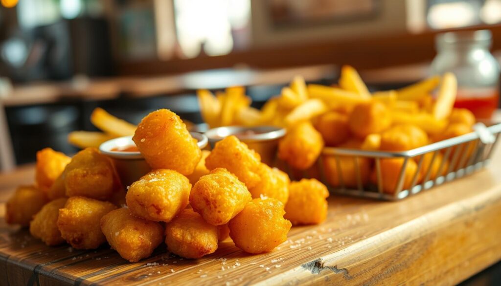 A delectable assortment of golden, crispy tater tots arranged artfully on a rustic wooden table, with a light sprinkle of sea salt glistening. In the foreground, a few fluffy, steaming tots are piled high, showcasing their crispy exterior and soft interior with a slight sheen of oil. The middle ground features a small bowl of zesty dipping sauce, perhaps ketchup or a spicy aioli, along with a handful of lightly salted fries for contrast. The background is a softly blurred diner setting, with warm lighting that evokes a cozy breakfast atmosphere. The image should have a shallow depth of field, focusing sharply on the tots while allowing the background to gently fade, creating an inviting, appetizing mood that highlights these beloved breakfast sides.