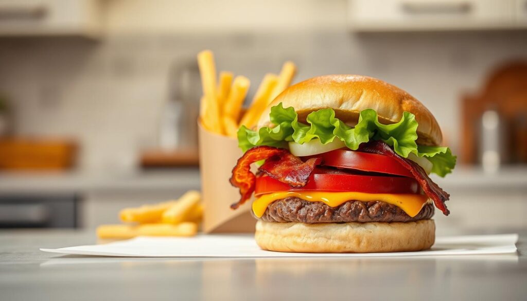 A delicious Jr. Bacon cheeseburger prominently displayed in the foreground, showcasing its freshly grilled beef patty, crispy bacon, crisp lettuce, ripe tomato slices, and melted cheese all nestled in a soft, toasted bun. The burger should be glistening with freshness, emphasizing an inviting, appetizing sheen. In the middle ground, add a side of crispy fries in a paper sleeve, contrasting with a light, bright kitchen backdrop. The lighting should be soft and diffused, enhancing the colors of the ingredients, with a slight warm hue to evoke comfort and satisfaction. Capture the scene from a slightly elevated angle to provide depth, creating a mouthwatering atmosphere that highlights the Jr. Bacon and its pairing options for a lighter meal. A delicious Jr. Bacon cheeseburger prominently displayed in the foreground, showcasing its freshly grilled beef patty, crispy bacon, crisp lettuce, ripe tomato slices, and melted cheese all nestled in a soft, toasted bun. The burger should be glistening with freshness, emphasizing an inviting, appetizing sheen. In the middle ground, add a side of crispy fries in a paper sleeve, contrasting with a light, bright kitchen backdrop. The lighting should be soft and diffused, enhancing the colors of the ingredients, with a slight warm hue to evoke comfort and satisfaction. Capture the scene from a slightly elevated angle to provide depth, creating a mouthwatering atmosphere that highlights the Jr. Bacon and its pairing options for a lighter meal.