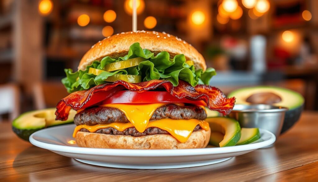 A delicious bunless burger featuring a juicy beef patty, topped with crisp lettuce, tomatoes, pickles, melted cheddar cheese, and crispy bacon. The burger is presented on a clean white plate, with fresh avocado slices and a side of keto-friendly dipping sauce. In the foreground, focus on the vibrant colors of the ingredients, showcasing the freshness and quality. The middle ground includes a wooden table, adding a rustic touch, while the background features a softly blurred restaurant environment with warm lighting that creates an inviting mood. Use a shallow depth of field to emphasize the burger and give it a mouth-watering allure, shot from a slightly elevated angle to capture its height and layers. No text or watermarks should be present. A delicious bunless burger featuring a juicy beef patty, topped with crisp lettuce, tomatoes, pickles, melted cheddar cheese, and crispy bacon. The burger is presented on a clean white plate, with fresh avocado slices and a side of keto-friendly dipping sauce. In the foreground, focus on the vibrant colors of the ingredients, showcasing the freshness and quality. The middle ground includes a wooden table, adding a rustic touch, while the background features a softly blurred restaurant environment with warm lighting that creates an inviting mood. Use a shallow depth of field to emphasize the burger and give it a mouth-watering allure, shot from a slightly elevated angle to capture its height and layers. No text or watermarks should be present.