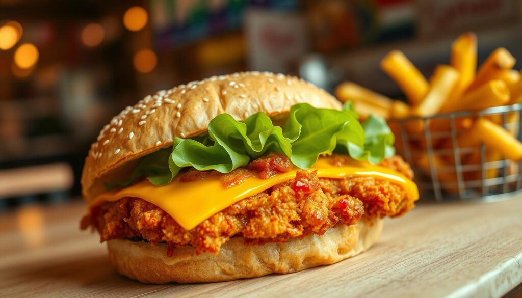 A mouthwatering chicken sandwich featuring a crispy, golden-brown fried chicken breast, topped with a layer of melted cheddar cheese and fresh, vibrant lettuce. The sandwich is nestled between two toasted, sesame seed-coated brioche buns, with a generous spread of spicy mayonnaise peeking out. In the foreground, a tantalizing close-up captures the sandwich, showcasing the textures and ingredients in vivid detail. In the middle ground, a side of crispy golden fries is presented in a rustic basket, adding to the appetizing appeal. The background features a soft-focus diner setting, warm lighting creates a cozy atmosphere, evoking a sense of indulgence. The angle is slightly tilted from above, emphasizing the sandwich's layers while inviting the viewer to take a bite. A mouthwatering chicken sandwich featuring a crispy, golden-brown fried chicken breast, topped with a layer of melted cheddar cheese and fresh, vibrant lettuce. The sandwich is nestled between two toasted, sesame seed-coated brioche buns, with a generous spread of spicy mayonnaise peeking out. In the foreground, a tantalizing close-up captures the sandwich, showcasing the textures and ingredients in vivid detail. In the middle ground, a side of crispy golden fries is presented in a rustic basket, adding to the appetizing appeal. The background features a soft-focus diner setting, warm lighting creates a cozy atmosphere, evoking a sense of indulgence. The angle is slightly tilted from above, emphasizing the sandwich's layers while inviting the viewer to take a bite.