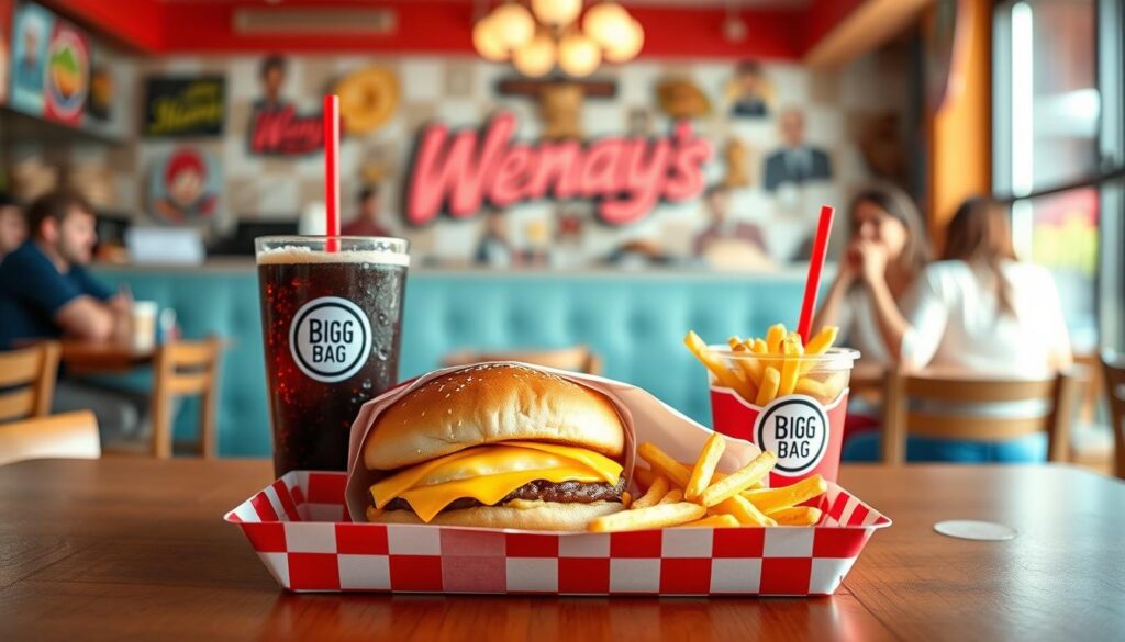 A mouthwatering display of a Wendy's Biggie Bag set against a vibrant fast-food restaurant backdrop. In the foreground, the Biggie Bag is prominently featured, showcasing a delicious cheeseburger, crispy fries, and a refreshing soda, all beautifully arranged on a classic red and white checkered tray. The middle ground includes a tasteful wooden table that enhances the dining experience, with soft, diffused natural lighting that creates an inviting atmosphere. The background shows a lively restaurant scene with smiling patrons enjoying their meals, adding to the warmth and friendly vibe. Capture this scene with a slightly elevated angle to emphasize the food while maintaining focus on the enticing details of the Biggie Bag, evoking a mood of comfort and satisfaction.
