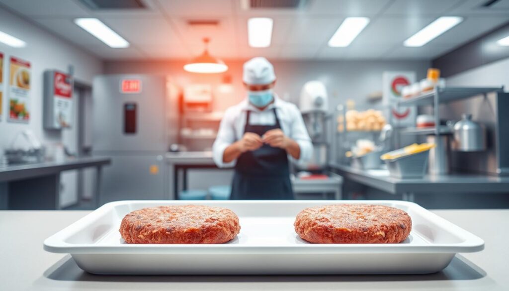 A split-screen illustration depicting cross-contamination in a fast-food environment. In the foreground, a clean white tray holds two burger patties: one labeled 'allergen-free' and the other 'contains allergens,' visibly marked with vibrant red. The middle layer features a busy fast-food kitchen, where a staff member in a professional uniform carefully separates ingredients, highlighting the importance of safety practices. In the background, a chaotic scene shows a mixing area with ingredients and tools improperly placed, emphasizing the risks of cross-contamination. The lighting is bright and clinical, simulating an antiseptic environment, while the angle captures a wide view of the space to convey a sense of urgency and caution. The overall mood reflects a serious commitment to food safety and allergy awareness.
