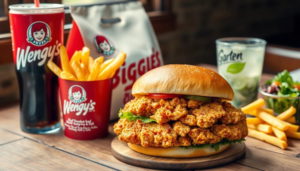 A tantalizing display of Wendy's Biggie Bag options, prominently featuring a large crispy chicken sandwich alongside a generous serving of seasoned fries and a chilled soft drink. The scene should be arranged on a rustic wooden table, with the foreground highlighting the vibrant colors of the food, emphasizing the golden-brown chicken and the fresh toppings. In the middle background, include a neatly packaged Biggie Bag with its iconic branding, alongside a delicious-looking side item like a garden salad. Soft, natural lighting should illuminate the food, creating an inviting atmosphere. Capture the image from a slightly elevated angle, ensuring the food looks substantial and appealing, evoking the excitement of value dining. A tantalizing display of Wendy's Biggie Bag options, prominently featuring a large crispy chicken sandwich alongside a generous serving of seasoned fries and a chilled soft drink. The scene should be arranged on a rustic wooden table, with the foreground highlighting the vibrant colors of the food, emphasizing the golden-brown chicken and the fresh toppings. In the middle background, include a neatly packaged Biggie Bag with its iconic branding, alongside a delicious-looking side item like a garden salad. Soft, natural lighting should illuminate the food, creating an inviting atmosphere. Capture the image from a slightly elevated angle, ensuring the food looks substantial and appealing, evoking the excitement of value dining.