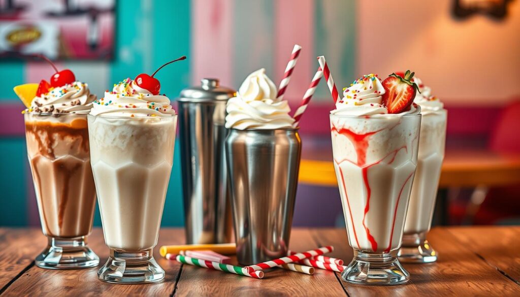 A tantalizing display of creamy shakes and frozen drinks artfully arranged on a vintage wooden table, with three different flavors: chocolate, vanilla, and strawberry. The foreground features tall, frosty glasses overflowing with whipped cream and colorful sprinkles, garnished with fresh fruit and a cherry on top. In the middle, a sleek metal shaker and a scoop of ice cream are artistically placed alongside vibrant straws. In the background, soft-focus pastel colors suggest a cheerful diner atmosphere, with warm lighting enhancing the creamy textures and the deliciousness of the desserts. The overall mood is inviting and playful, perfect for showcasing indulgent treats.