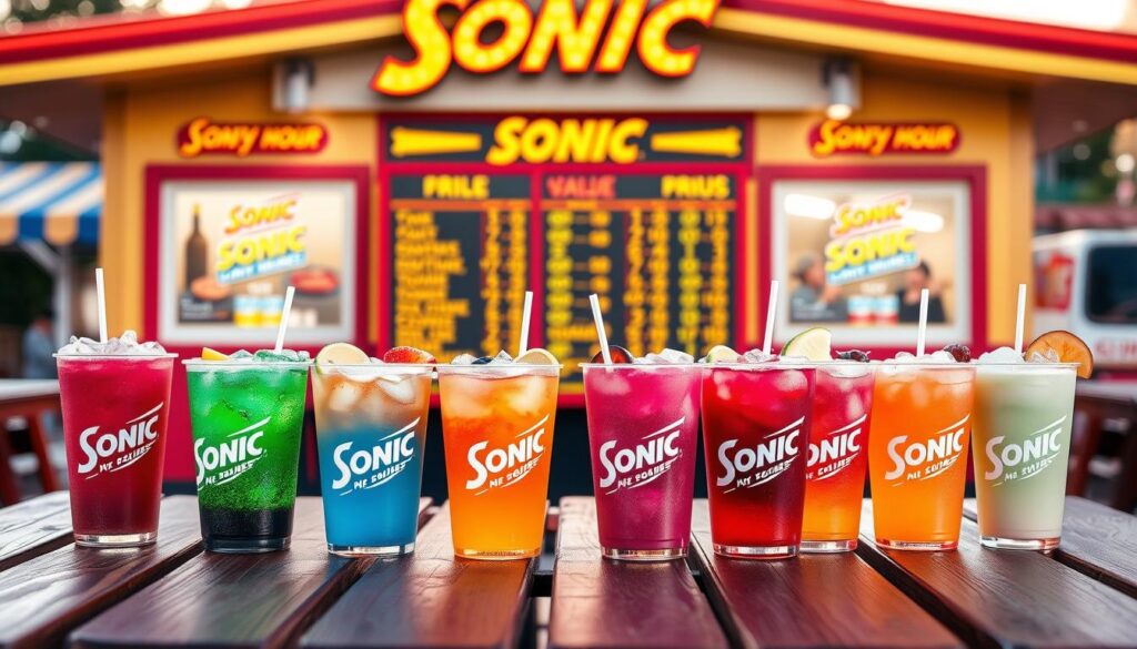 A vibrant and inviting scene showcasing a Sonic Happy Hour menu, laid out on a wooden picnic table. In the foreground, a colorful array of Sonic's signature drink cups in various flavors, each topped with ice and garnished with fruit slices. The middle features a classic Sonic menu board displaying prices in an appealing, visually pleasing manner, emphasizing value and variety. In the background, the iconic retro-style Sonic drive-in building with cheerful colors and signage, subtly blurred to enhance focus on the menu. Soft golden hour lighting casts a warm glow over the scene, creating an inviting, friendly atmosphere perfect for casual dining. The image should capture a sense of excitement and affordability, ideal for enticing viewers.