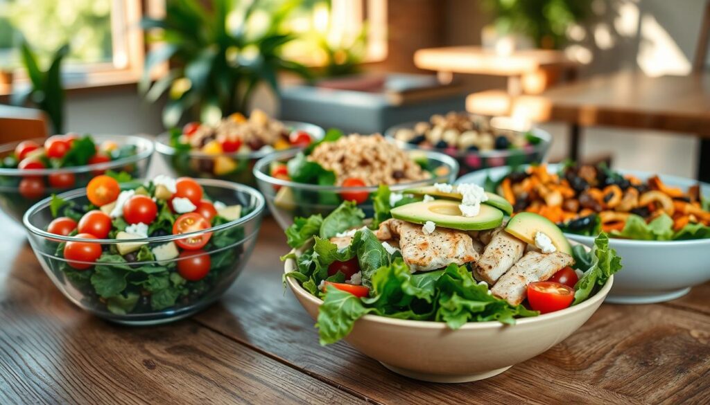 A vibrant assortment of fresh-made salads, beautifully arranged on a rustic wooden table, foreground featuring a bowl of mixed greens topped with grilled chicken, cherry tomatoes, avocado slices, and a sprinkle of feta cheese. In the middle, various salad bowls showcasing colorful ingredients such as kale, quinoa, and roasted vegetables, drizzled with a light vinaigrette. The background softly blurred, depicting a sunlit cafe setting with greenery and soft, warm shadows enhancing the inviting atmosphere. The image captures the freshness of the ingredients with natural lighting, using a shallow depth of field to focus on the salads. The mood is healthy and refreshing, inviting viewers to explore lighter lunch options with protein.