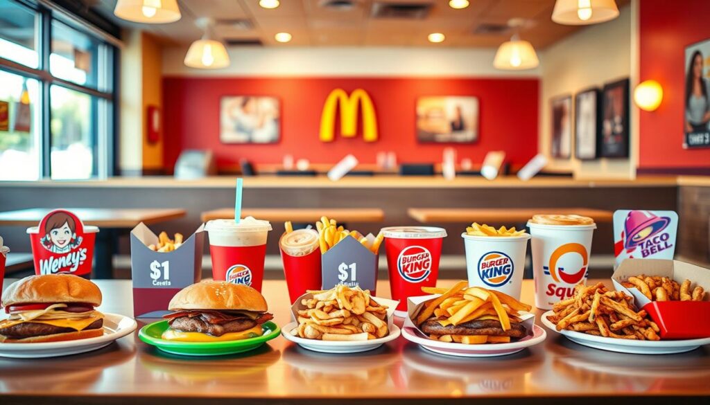A vibrant comparison of fast food value meals, featuring a neatly arranged table displaying Wendy's $1 menu items alongside similar offerings from McDonald's, Burger King, and Taco Bell. In the foreground, colorful fast food items like burgers, fries, and drinks are served on cheerful plates. The middle ground provides a clear view of each restaurant's branding subtly integrated into the presentations. The background shows a cozy diner setting with bright, warm lighting, emphasizing a welcoming atmosphere. Use a slightly elevated angle to capture the entire table in one frame. The mood is inviting and informative, perfect for conveying the value and appeal of these fast food options, with no people or text present in the scene.