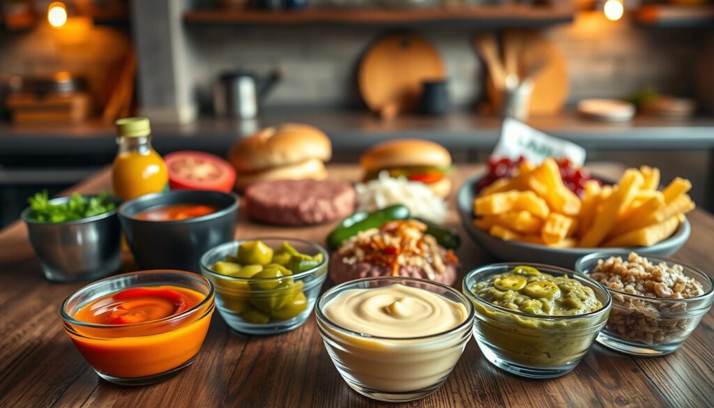 A vibrant display of a variety of sauces and toppings, elegantly arranged on a wooden table. In the foreground, focus on colorful condiments like a rich, red ketchup, bright yellow mustard, creamy mayo, and vibrant green guacamole served in small bowls. Add sautéed onions, pickles, and jalapeños as additional toppings. In the middle ground, a selection of burger patties and fresh buns lay ready for assembly. The background features a subtle, rustic kitchen setting with warm lighting creating an inviting atmosphere, enhancing the colors of the sauces. Capture this scene from a slightly elevated angle, ensuring a dynamic perspective that invites the viewer in, while maintaining a clean and professional aesthetic without any text or distractions.