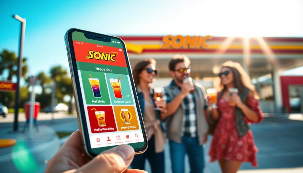A vibrant scene showcasing the Sonic app on a modern smartphone, elegantly displayed in the foreground, capturing a close-up view of the screen featuring colorful drink options and appealing deal highlights. In the middle ground, a cheerful group of friends, dressed in casual yet stylish clothing, are happily enjoying their half-price drinks under a bright, sunny sky, conveying a sense of joy and camaraderie. The background includes a Sonic drive-in with its iconic signage and playful colors, emphasizing a fun, casual dining atmosphere. Soft sunlight bathes the scene, creating a warm and inviting mood, with a slight bokeh effect applied to the background to keep the focus on the app and the group. The composition is lively, celebrating the essence of Sonic's Happy Hour experience without any text or overlays.