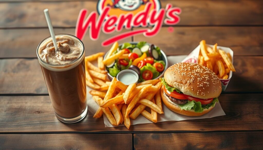 A visually appealing flat lay of Wendy’s Biggie Deals menu items laid out on a rustic wooden table. In the foreground, display a rich, slightly frosted chocolate frosty, a classic burger with fresh lettuce and tomato, and a side of crispy fries. The middle section features a vibrant salad with colorful vegetables and a small container of dressing. The background shows a blurred Wendy's logo to convey the brand atmosphere subtly. Soft, warm lighting enhances the inviting and appetizing feel of the menu items, and the camera angle is shot from above, capturing the delicious presentation. The mood is cheerful and casual, reflecting a friendly dining experience.