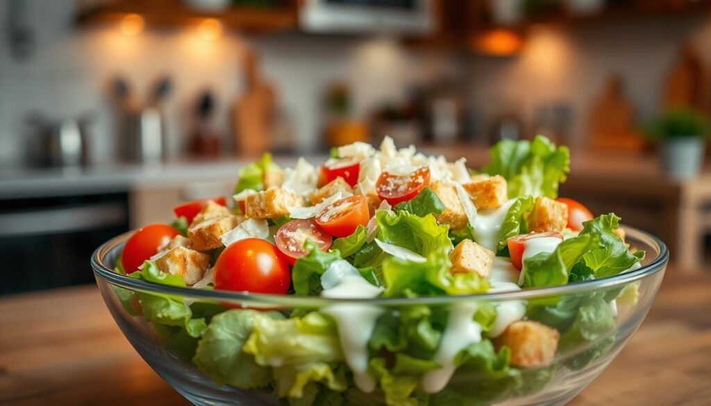 A beautifully arranged Caesar salad featuring crisp romaine lettuce, topped with creamy Caesar dressing and sprinkled with shaved parmesan cheese. Juicy cherry tomatoes and crunchy croutons add color and texture. The foreground displays a glass bowl filled with the salad, reflecting the fresh ingredients. In the middle, a wooden table adds a rustic touch, while a blurred background showcases a soft-focus kitchen setting with warm, natural lighting. The atmosphere feels inviting and healthy, perfect for a culinary article. Capture the scene from a slightly elevated angle, emphasizing the vibrant colors and textures of the fresh ingredients. No captions or text overlays should be present. A beautifully arranged Caesar salad featuring crisp romaine lettuce, topped with creamy Caesar dressing and sprinkled with shaved parmesan cheese. Juicy cherry tomatoes and crunchy croutons add color and texture. The foreground displays a glass bowl filled with the salad, reflecting the fresh ingredients. In the middle, a wooden table adds a rustic touch, while a blurred background showcases a soft-focus kitchen setting with warm, natural lighting. The atmosphere feels inviting and healthy, perfect for a culinary article. Capture the scene from a slightly elevated angle, emphasizing the vibrant colors and textures of the fresh ingredients. No captions or text overlays should be present.
