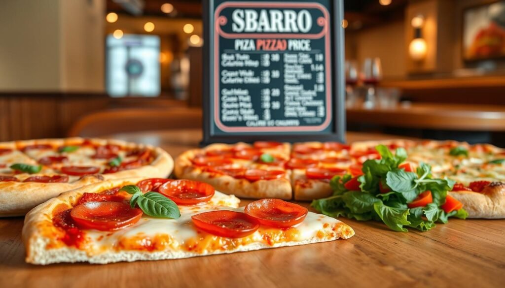 A beautifully arranged display of Sbarro pizza varieties on a wooden table, showcasing individual slices, with a focus on vibrant colors and textures of the toppings. In the foreground, a pizza slice topped with pepperoni and fresh basil is slightly angled, glistening with cheese, while a fresh garden salad complements it on the side. In the middle layer, a menu board featuring prices and calorie counts elegantly set against a backdrop of a casual dining ambiance, with warm lighting illuminating the pizzas. The background hints at a cozy restaurant setting, with softly blurred images of other menu items. The mood is inviting and enticing, perfect for showcasing delicious food choices.