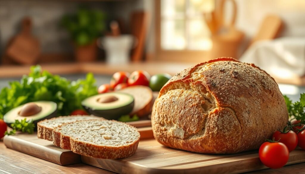 A beautifully arranged gluten-free bread loaf sits prominently in the foreground, showcasing its crusty, golden-brown exterior with visible air pockets and a rustic texture. Surrounding the bread are fresh ingredients like vibrant lettuce, ripe tomatoes, and sliced avocados, hinting at a healthy sandwich creation. In the middle ground, there is a wooden cutting board with artisanal bread slices placed neatly, emphasizing their inviting softness. The background features a softly blurred kitchen setting, with warm, natural light streaming in from a nearby window, creating an inviting atmosphere. The lens captures the scene from a slightly elevated angle, highlighting the bread's appealing details while keeping the mood cheerful and wholesome.