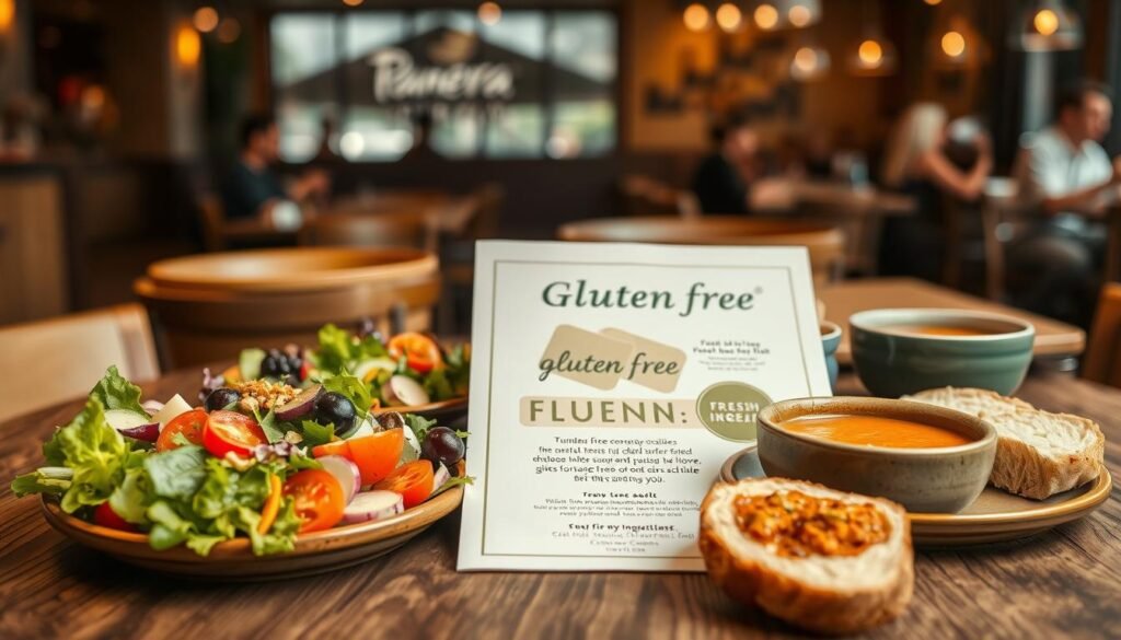 A beautifully arranged gluten-free menu, prominently displayed on a rustic wooden table. In the foreground, a vibrant selection of gluten-free dishes, such as fresh salads with colorful vegetables, a warm bowl of gluten-free soup, and a slice of gluten-free bread, elegantly presented on ceramic plates. The middle layer features the menu itself, with beautifully designed graphics, showcasing gluten-free options in a clean, modern font, while emphasizing fresh ingredients. In the background, soft diffused natural light illuminates the scene, creating a warm and inviting atmosphere. Out of focus, the cozy ambiance of a Panera Bread restaurant can be seen, with patrons enjoying their meals. The overall mood exudes a sense of health-conscious dining and inclusivity.