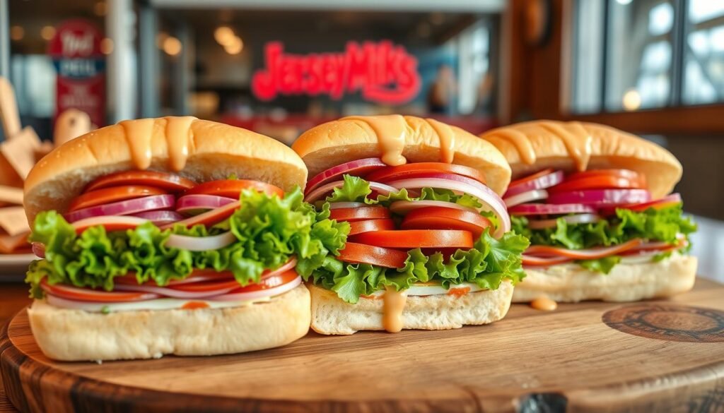 A beautifully arranged platter of Jersey Mike's cold subs, emphasizing the "Mike Way" presentation style. The foreground features a close-up of three freshly made subs, bursting with vibrant colors from layers of deli meats, crisp lettuce, sliced tomatoes, and tangy onions, all drizzled with a house dressing. In the middle, a rustic wooden table enhances the homey, inviting feel, while a soft, natural light from a nearby window highlights the textures of the bread and ingredients. In the background, hints of a deli storefront with subtle, blurred details suggest authenticity without distraction. The overall mood is warm and welcoming, perfect for food enthusiasts, evoking a sense of comfort and satisfaction. Aim for a slightly elevated angle to capture depth and detail.