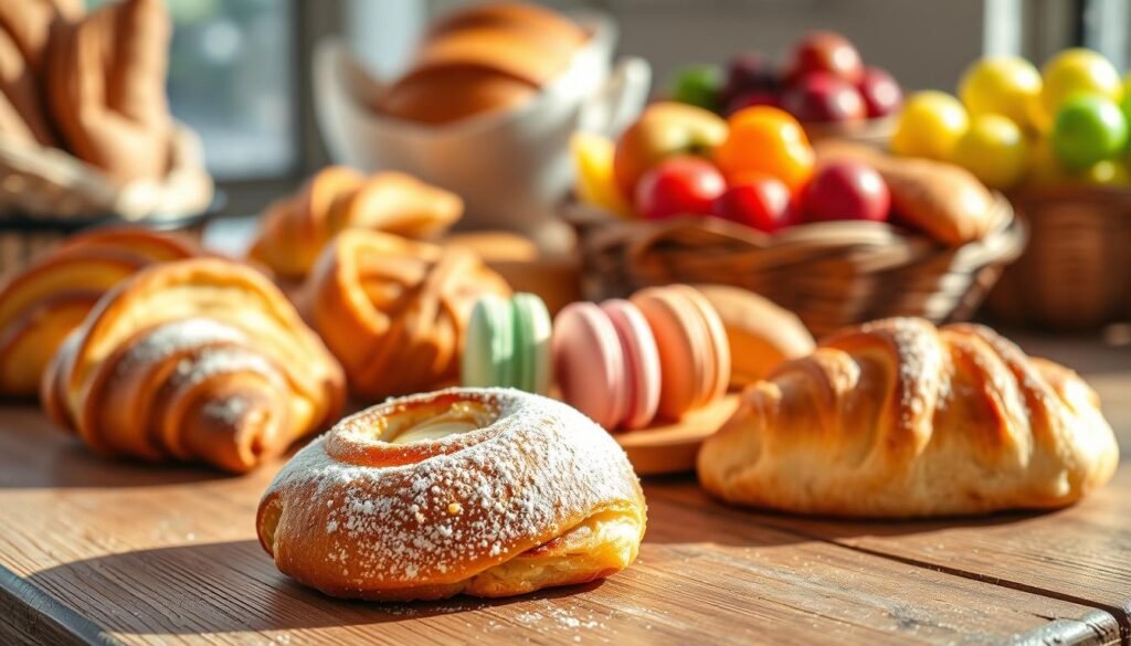 A beautifully arranged selection of bakery treats featuring warm, flaky pastries such as croissants, danishes, and scones placed on a rustic wooden table. In the foreground, a delicate powdered sugar-dusted cinnamon roll, with a hint of melting butter, draws the eye. The middle of the composition showcases an assortment of colorful macaroons in pastel hues alongside a golden apple turnover. Soft, natural light streams in from a nearby window, casting gentle shadows that enhance the textures. In the background, blurred hints of fresh bread loaves and a vibrant fruit bowl add depth, creating an inviting and cheerful ambiance. The overall mood is warm and cozy, perfect for complementing a lunch experience at a friendly bakery. A beautifully arranged selection of bakery treats featuring warm, flaky pastries such as croissants, danishes, and scones placed on a rustic wooden table. In the foreground, a delicate powdered sugar-dusted cinnamon roll, with a hint of melting butter, draws the eye. The middle of the composition showcases an assortment of colorful macaroons in pastel hues alongside a golden apple turnover. Soft, natural light streams in from a nearby window, casting gentle shadows that enhance the textures. In the background, blurred hints of fresh bread loaves and a vibrant fruit bowl add depth, creating an inviting and cheerful ambiance. The overall mood is warm and cozy, perfect for complementing a lunch experience at a friendly bakery.