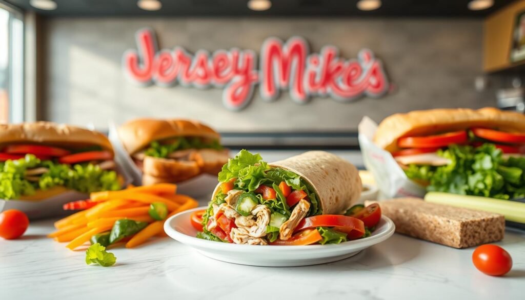 A beautifully arranged table displaying a variety of nutritious Jersey Mike's subs, showcasing vibrant ingredients. The foreground features a colorful array of fresh vegetables like lettuce, tomatoes, and peppers, alongside whole grain bread and lean proteins such as turkey and chicken. In the middle, a plate presents a nutritious wrap, artfully sliced to reveal layers of wholesome ingredients. The background includes a subtle out-of-focus Jersey Mike's sign, enhancing brand recognition without overwhelming the composition. The lighting is bright and inviting, mimicking a warm and friendly restaurant atmosphere, with soft shadows that create depth. The scene exudes a fresh, health-conscious vibe, perfect for highlighting nutrition information.