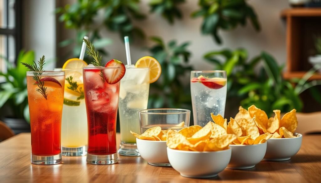 A beautifully arranged table showcasing a selection of gluten-free drinks and sides, set against a soft, welcoming background. In the foreground, vibrant, refreshing beverages including iced herbal tea, lemonade, and fruit-infused water are artistically displayed in colorful glasses with garnishes of fresh herbs and fruit slices. Beside them, an array of crispy, gluten-free chips, perfectly golden-brown and served in charming bowls, adds texture and a rustic vibe. The scene is illuminated with warm, natural lighting, creating an inviting atmosphere, while a slight depth of field focuses on the drinks and sides, gently blurring the cozy café background filled with greenery. The overall mood is fresh, cheerful, and ideal for a family-friendly dining experience. A beautifully arranged table showcasing a selection of gluten-free drinks and sides, set against a soft, welcoming background. In the foreground, vibrant, refreshing beverages including iced herbal tea, lemonade, and fruit-infused water are artistically displayed in colorful glasses with garnishes of fresh herbs and fruit slices. Beside them, an array of crispy, gluten-free chips, perfectly golden-brown and served in charming bowls, adds texture and a rustic vibe. The scene is illuminated with warm, natural lighting, creating an inviting atmosphere, while a slight depth of field focuses on the drinks and sides, gently blurring the cozy café background filled with greenery. The overall mood is fresh, cheerful, and ideal for a family-friendly dining experience.