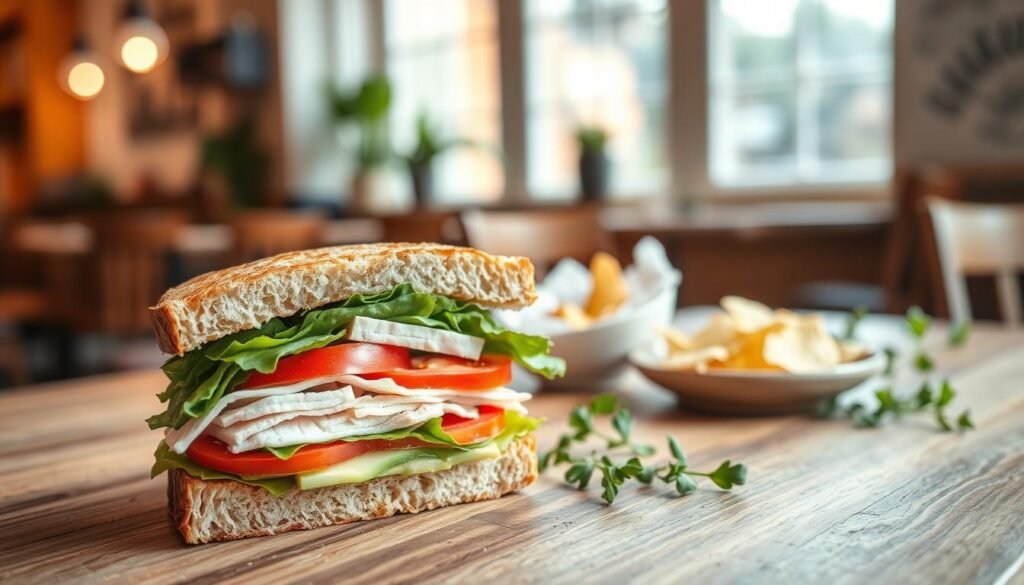 A beautifully composed image of a half sandwich, showcasing layers of fresh ingredients including turkey, crisp lettuce, ripe tomatoes, and creamy avocado, all nestled between two slices of artisan bread. The foreground features the sandwich cut at a slight angle, revealing its colorful contents and inviting texture. In the middle ground, a rustic wooden table adds a warm ambiance, scattered with fresh herbs and a small plate of chips. The background hints at a cozy café setting with soft, natural lighting filtering through windows, creating a welcoming atmosphere. The overall mood is vibrant and appetizing, perfect for illustrating a culinary experience focused on customization and value. A beautifully composed image of a half sandwich, showcasing layers of fresh ingredients including turkey, crisp lettuce, ripe tomatoes, and creamy avocado, all nestled between two slices of artisan bread. The foreground features the sandwich cut at a slight angle, revealing its colorful contents and inviting texture. In the middle ground, a rustic wooden table adds a warm ambiance, scattered with fresh herbs and a small plate of chips. The background hints at a cozy café setting with soft, natural lighting filtering through windows, creating a welcoming atmosphere. The overall mood is vibrant and appetizing, perfect for illustrating a culinary experience focused on customization and value.