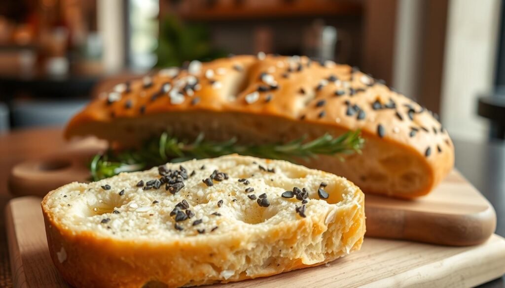 A beautifully presented black pepper focaccia bread, showcasing its inviting golden-brown crust with a sprinkle of coarse sea salt and cracked black pepper on top. The foreground features a slice of the focaccia, revealing its airy, light texture and inviting olive oil glistening on the surface. In the middle, a rustic wooden cutting board provides a warm, homely vibe, alongside fresh rosemary sprigs. The background features soft, diffused natural lighting that enhances the bread’s appealing texture and color. The scene is set in a cozy café atmosphere, with blurred hints of café décor, creating a warm and inviting mood perfect for highlighting artisan bread in a culinary context. A beautifully presented black pepper focaccia bread, showcasing its inviting golden-brown crust with a sprinkle of coarse sea salt and cracked black pepper on top. The foreground features a slice of the focaccia, revealing its airy, light texture and inviting olive oil glistening on the surface. In the middle, a rustic wooden cutting board provides a warm, homely vibe, alongside fresh rosemary sprigs. The background features soft, diffused natural lighting that enhances the bread’s appealing texture and color. The scene is set in a cozy café atmosphere, with blurred hints of café décor, creating a warm and inviting mood perfect for highlighting artisan bread in a culinary context.