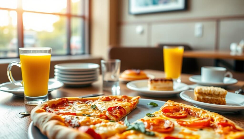 A beautifully styled restaurant table set for breakfast, featuring an inviting array of Sbarro pizza slices, drinks, and desserts. In the foreground, a close-up of a delicious, cheesy pizza topped with fresh ingredients, showcasing vibrant colors. A glass of freshly squeezed orange juice and a small dessert cake sit nearby. The middle layer provides a wider view of the table, with plates neatly arranged and a rustic wooden table surface. In the background, soft morning light filters through a window, creating a warm and welcoming atmosphere. The focus is on the food, highlighting the prices displayed subtly next to each item in an artistic layout. Use a shallow depth of field to enhance the food and softly blur the background, conveying a delightful dining experience.