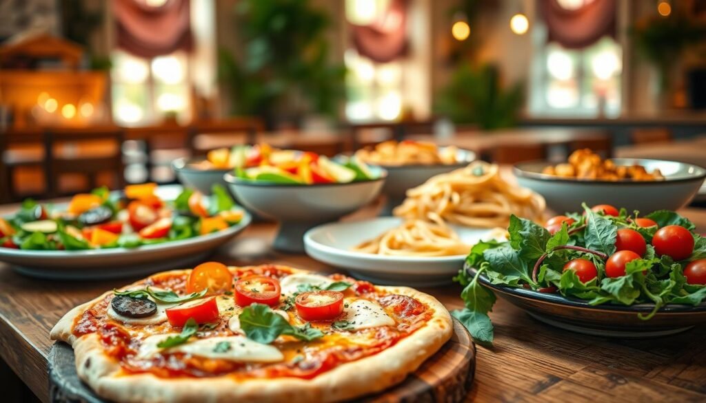 A bright, appetizing arrangement of gluten-free and vegan dishes displayed on a rustic wooden table. In the foreground, there are slices of gluten-free pizza topped with colorful vegetables and a sprinkle of fresh herbs, alongside a fresh salad with vibrant greens and cherry tomatoes. The middle of the image showcases a selection of gluten-free pasta dishes, artfully presented in elegant bowls. In the background, blurred hints of a cozy Italian restaurant ambiance, with warm, welcoming lighting and hints of greenery. Soft focus, natural sunlight filtering through windows, creating a warm, inviting atmosphere. The scene should evoke a feeling of healthiness and deliciousness, appealing to those seeking allergy-friendly options.