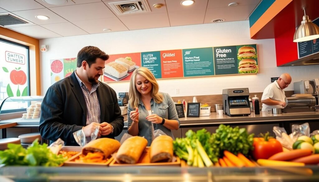 A bright, inviting Jersey Mike’s sandwich shop interior with a focus on a gluten-free menu. In the foreground, a diverse group of three adults wearing casual but professional clothing discusses their lunch options, one of them pointing to a gluten-free menu item. In the middle, a counter displays fresh ingredients, colorful gluten-free bread, and a selection of fresh vegetables. The background showcases vibrant wall art promoting healthy eating and gluten-free choices, complemented by warm, ambient lighting to create a welcoming atmosphere. The angle captures the detail of the sandwich-making process, with chefs preparing food in the background, emphasizing a friendly and confident dining experience. A bright, inviting Jersey Mike’s sandwich shop interior with a focus on a gluten-free menu. In the foreground, a diverse group of three adults wearing casual but professional clothing discusses their lunch options, one of them pointing to a gluten-free menu item. In the middle, a counter displays fresh ingredients, colorful gluten-free bread, and a selection of fresh vegetables. The background showcases vibrant wall art promoting healthy eating and gluten-free choices, complemented by warm, ambient lighting to create a welcoming atmosphere. The angle captures the detail of the sandwich-making process, with chefs preparing food in the background, emphasizing a friendly and confident dining experience.