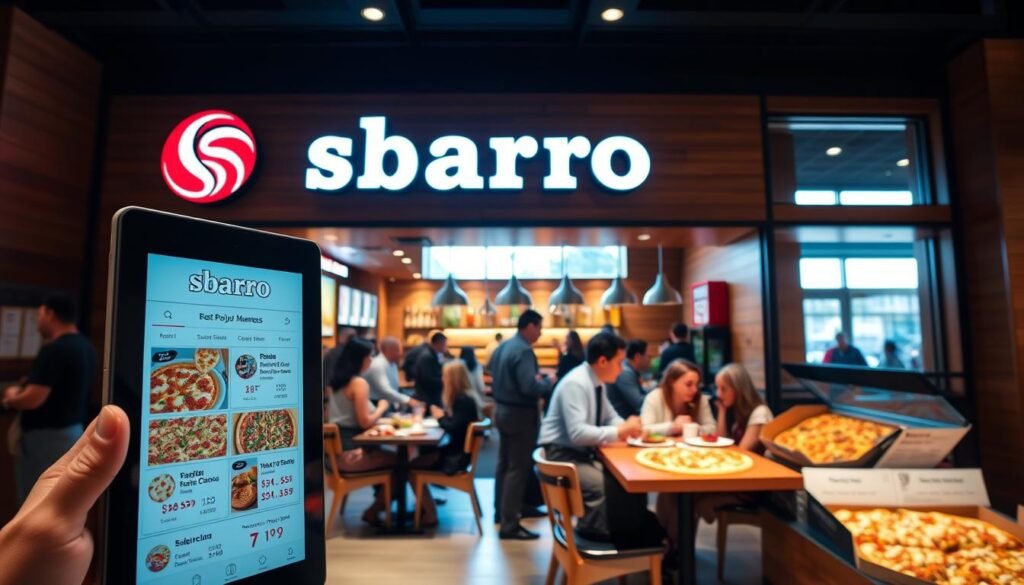 A bustling Sbarro restaurant location, prominently showcasing the entrance with a vibrant, inviting ambiance. In the foreground, a digital tablet displays the Sbarro menu featuring popular items, prices, and calorie counts, hinting at online ordering capabilities. The middle ground reveals a diverse group of customers, dressed in casual but tidy clothing, engaging in conversation while enjoying their meals at a communal table. The background features a large window with natural sunlight streaming in, illuminating the warm wooden decor and the enticing display of pizza and pasta. The scene is captured from a slightly elevated angle to encompass the restaurant’s lively atmosphere, creating a welcoming and energetic setting.