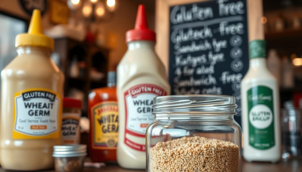 A close-up composition showcasing various condiments commonly found in a deli setting, such as mustard, mayonnaise, and ketchup, each labeled visibly to highlight potential gluten risk. In the foreground, a clear glass jar of wheat germ is prominently featured, contrasting with gluten-free alternatives. The middle ground includes a sandwich board with a chalkboard that lists gluten-free options, blurred slightly to emphasize the condiments in focus. The background features a stylish deli interior, softly lit with warm tones to create a welcoming atmosphere. The image should capture a sense of careful consideration in food choices, reflecting a gluten-free lifestyle while maintaining an appetizing appearance. Use natural lighting to enhance textures of the condiments and create depth. A close-up composition showcasing various condiments commonly found in a deli setting, such as mustard, mayonnaise, and ketchup, each labeled visibly to highlight potential gluten risk. In the foreground, a clear glass jar of wheat germ is prominently featured, contrasting with gluten-free alternatives. The middle ground includes a sandwich board with a chalkboard that lists gluten-free options, blurred slightly to emphasize the condiments in focus. The background features a stylish deli interior, softly lit with warm tones to create a welcoming atmosphere. The image should capture a sense of careful consideration in food choices, reflecting a gluten-free lifestyle while maintaining an appetizing appearance. Use natural lighting to enhance textures of the condiments and create depth.