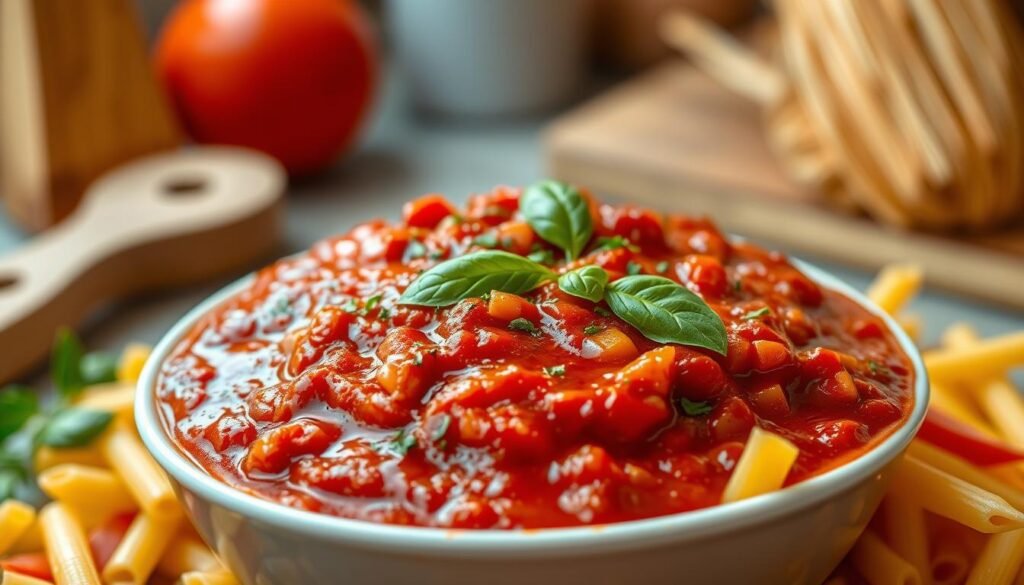 A close-up shot of a luxurious bowl of rich, vibrant red marinara sauce, glistening with fresh herbs like basil and oregano sprinkled on top. The sauce is perfectly textured, with visible chunks of tomatoes and garlic for added detail, emphasizing its homemade quality. Surrounding the bowl, a scattering of colorful pasta shapes—rigatoni, penne, and spaghetti—adds visual interest and contrasts with the deep red of the sauce. In the background, a warm kitchen setting with soft, inviting lighting gives a homely feel, with wooden utensils and a cutting board subtly blurred. The camera angle is slightly above the bowl, allowing for an engaging view of the sauce’s glossy surface. The overall atmosphere is comforting and appetizing, perfect for a food-related article.