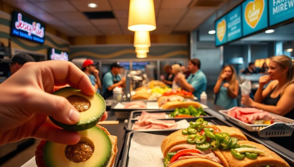 A close-up view of a Jersey Mike's sandwich being crafted with an array of unique, secret menu ingredients. In the foreground, a hand reaching for a fresh avocado and jalapeños, showcasing freshness and color. The middle features an artisan sandwich station, with neatly displayed meats, cheeses, and toppings, emphasizing the artistry of sandwich making. In the background, a busy yet organized sandwich shop with cheerful patrons enjoying their meals, creating a lively atmosphere. The lighting is warm and inviting, mimicking the golden glow of lunchtime, while a shallow depth of field focuses on the sandwich creation process. The overall mood is vibrant and engaging, highlighting the excitement of uncovering hidden menu items. A close-up view of a Jersey Mike's sandwich being crafted with an array of unique, secret menu ingredients. In the foreground, a hand reaching for a fresh avocado and jalapeños, showcasing freshness and color. The middle features an artisan sandwich station, with neatly displayed meats, cheeses, and toppings, emphasizing the artistry of sandwich making. In the background, a busy yet organized sandwich shop with cheerful patrons enjoying their meals, creating a lively atmosphere. The lighting is warm and inviting, mimicking the golden glow of lunchtime, while a shallow depth of field focuses on the sandwich creation process. The overall mood is vibrant and engaging, highlighting the excitement of uncovering hidden menu items.