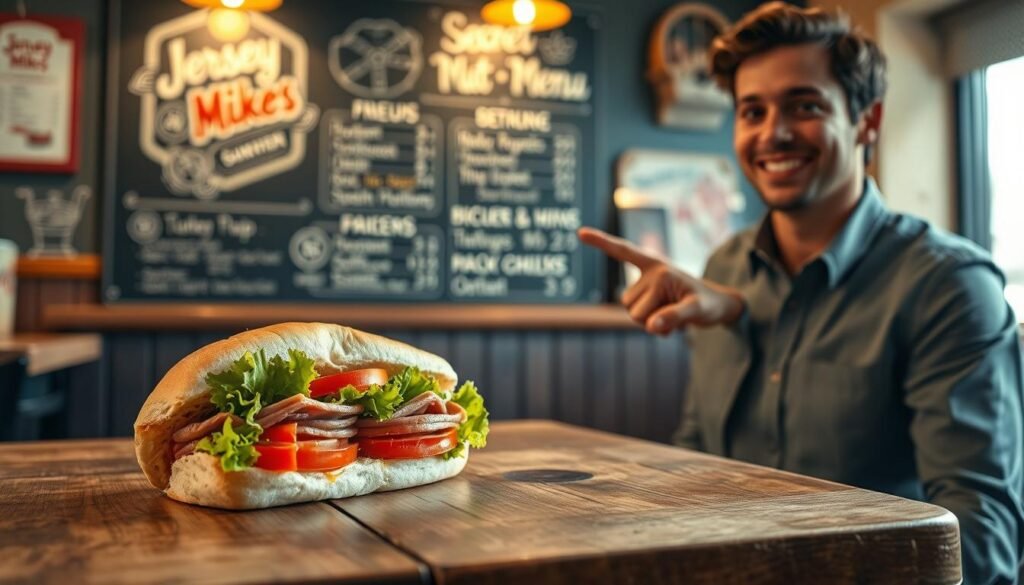 A close-up view of a Jersey Mike's sandwich order displayed on a rustic wooden table. The sandwich, filled with fresh deli meats, vibrant green lettuce, red tomatoes, and a drizzle of oil and vinegar, glistens under soft, natural lighting. In the background, a cozy Jersey Mike's restaurant setting is subtly illuminated, featuring a chalkboard menu with artful illustrations. A well-dressed individual, wearing a casual collared shirt, points towards a secret menu item with a friendly smile, showcasing a sense of confidence and clarity in ordering. The atmosphere is warm and inviting, capturing the essence of a welcoming sub shop while emphasizing the excitement of discovering hidden menu gems. The image exudes a friendly and relaxed mood. A close-up view of a Jersey Mike's sandwich order displayed on a rustic wooden table. The sandwich, filled with fresh deli meats, vibrant green lettuce, red tomatoes, and a drizzle of oil and vinegar, glistens under soft, natural lighting. In the background, a cozy Jersey Mike's restaurant setting is subtly illuminated, featuring a chalkboard menu with artful illustrations. A well-dressed individual, wearing a casual collared shirt, points towards a secret menu item with a friendly smile, showcasing a sense of confidence and clarity in ordering. The atmosphere is warm and inviting, capturing the essence of a welcoming sub shop while emphasizing the excitement of discovering hidden menu gems. The image exudes a friendly and relaxed mood.