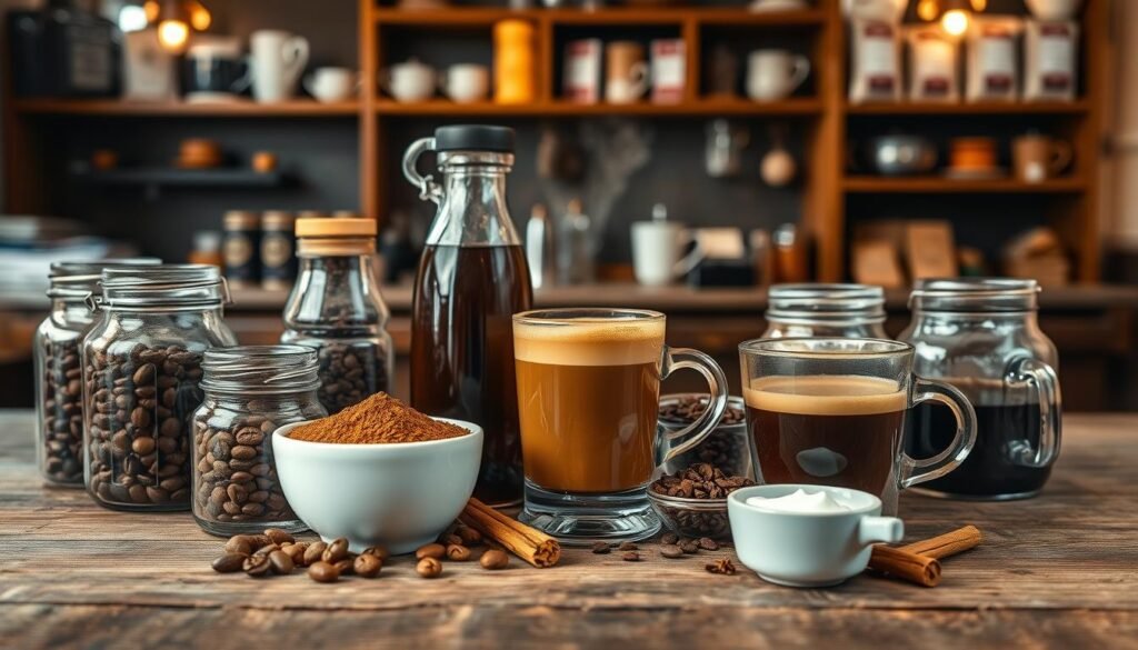 A close-up view of a beautifully arranged selection of coffee ingredients on a rustic wooden table. In the foreground, showcase jars containing whole coffee beans, ground coffee, and various syrups like vanilla and hazelnut, all glistening under soft, warm lighting. In the middle, emphasize a steaming cup of freshly brewed coffee with delicate latte art on top, surrounded by small bowls of sugar, cream, and spices like cinnamon and nutmeg for added detail. In the background, softly blurred to create depth, place an inviting café setting with warm tones, wooden shelves lined with coffee mugs and bags of gourmet coffee. The overall atmosphere should exude warmth, comfort, and an appreciation for the craft of coffee making, encouraging informed choices and a sense of indulgence.