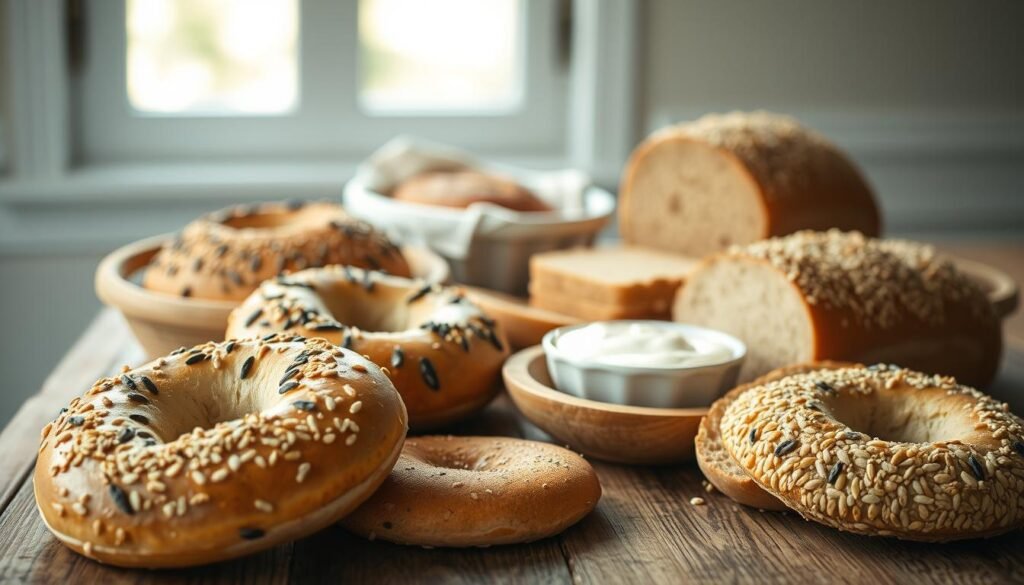 A close-up view of an assortment of whole grain bagels and breads arranged elegantly on a rustic wooden table. The foreground features golden-brown bagels sprinkled with sesame and poppy seeds, alongside sliced whole grain loaves showcasing their hearty texture. In the middle ground, a small bowl of creamy spread complements the breads. The background includes soft, natural lighting filtering through a nearby window, casting gentle shadows that enhance the warm and inviting atmosphere. The scene conveys a wholesome, nutritious vibe, emphasizing the health benefits of whole grains. Capture this in a warm color palette with a slightly blurred depth of field to focus on the delicious details of the bagels and breads. A close-up view of an assortment of whole grain bagels and breads arranged elegantly on a rustic wooden table. The foreground features golden-brown bagels sprinkled with sesame and poppy seeds, alongside sliced whole grain loaves showcasing their hearty texture. In the middle ground, a small bowl of creamy spread complements the breads. The background includes soft, natural lighting filtering through a nearby window, casting gentle shadows that enhance the warm and inviting atmosphere. The scene conveys a wholesome, nutritious vibe, emphasizing the health benefits of whole grains. Capture this in a warm color palette with a slightly blurred depth of field to focus on the delicious details of the bagels and breads.