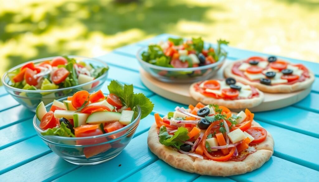 A colorful, appetizing display of kids' salads and flatbread pizzas arranged on a bright picnic table. In the foreground, a vibrant garden salad featuring cherry tomatoes, cucumbers, and shredded carrots in a small bowl, alongside a mini flatbread pizza topped with cheese and colorful veggies. In the middle ground, a second salad with mixed greens and fruit, and another flatbread with pepperoni and olives, all garnished with fresh herbs. The background softly fades to a sunny park scene with lush green grass and trees, creating a cheerful, outdoor atmosphere. The image is illuminated with soft, natural daylight, promoting a fresh and healthy vibe, shot from a slightly elevated angle to capture the details and textures of the food.