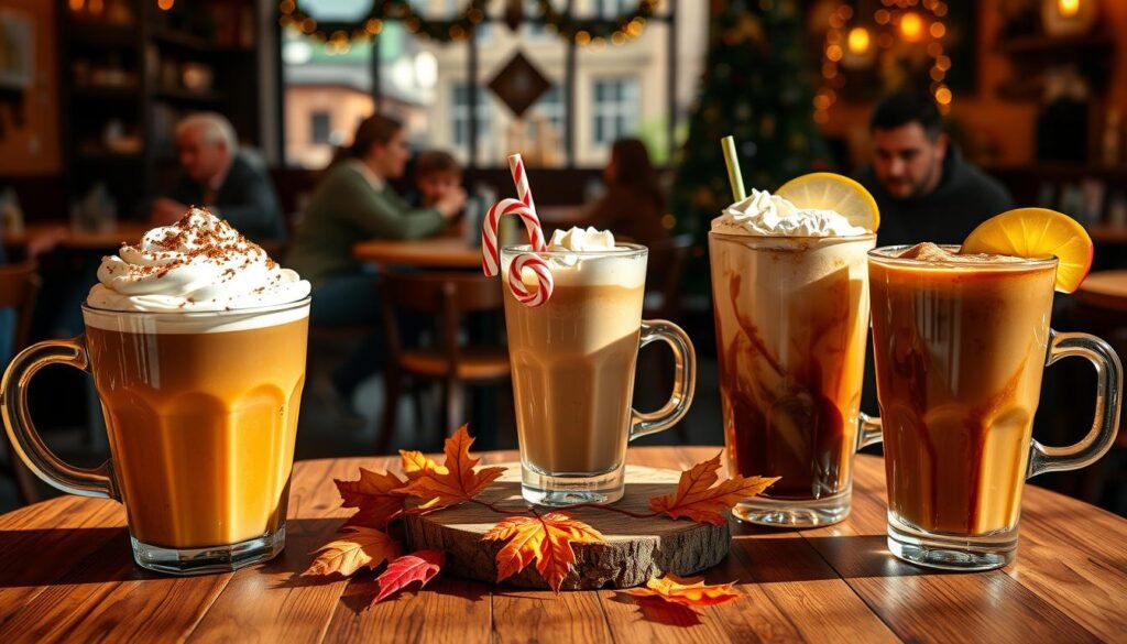 A cozy café scene showcasing an elegant assortment of seasonal specialty coffee drinks. In the foreground, three beautifully crafted beverages: a pumpkin spice latte with whipped cream and a sprinkle of cinnamon, a refreshing iced peppermint mocha with candy cane garnish, and a rich caramel apple cider topped with a slice of apple. In the middle, a rustic wooden table adorned with autumn leaves and sparkly holiday decorations, inviting warm light casts soft shadows for a welcoming glow. In the background, softly blurred café décor featuring warm hues, seasonal decorations, and patrons in modest casual clothing enjoying their drinks. The atmosphere is cheerful and inviting, reflecting the joy of specialty coffee throughout the year, captured in a warm, inviting natural light.