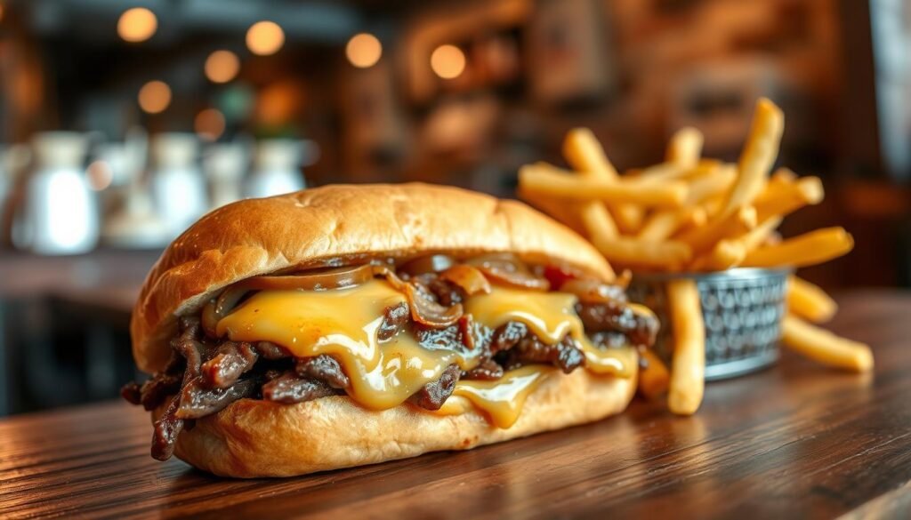 A delicious cheese steak sandwich, generously filled with sliced steak, melted cheese, and sautéed onions, served on a lightly toasted sub roll, with a side of crispy golden fries. The foreground showcases the sandwich, glistening with savory juices, emphasizing its juicy and cheesy texture. In the middle, a rustic wooden table adds warmth, while the background features a soft-focus restaurant interior with warm lighting, enhancing the inviting atmosphere. The scene is artfully captured with a slightly tilted angle for a dynamic view, utilizing soft, natural lighting to highlight the food's richness. The overall mood is appetizing and cozy, encouraging a sense of indulgence and satisfaction. A delicious cheese steak sandwich, generously filled with sliced steak, melted cheese, and sautéed onions, served on a lightly toasted sub roll, with a side of crispy golden fries. The foreground showcases the sandwich, glistening with savory juices, emphasizing its juicy and cheesy texture. In the middle, a rustic wooden table adds warmth, while the background features a soft-focus restaurant interior with warm lighting, enhancing the inviting atmosphere. The scene is artfully captured with a slightly tilted angle for a dynamic view, utilizing soft, natural lighting to highlight the food's richness. The overall mood is appetizing and cozy, encouraging a sense of indulgence and satisfaction.