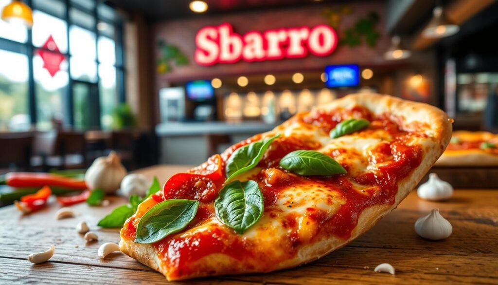 A delicious slice of Sbarro pizza prominently displayed in the foreground, topped with a generous layer of gooey mozzarella cheese, vibrant red tomato sauce, and fresh basil leaves, showcasing its quintessential New York-style characteristics. The middle layer features a rustic wooden table with a scattering of fresh ingredients like pepperoni slices, bell peppers, and garlic cloves, enhancing the inviting feel. In the background, a softly blurred view of a welcoming Sbarro restaurant ambiance, with warm lighting reflecting off the walls and hints of other delectable pizzas on display. The scene conveys a warm, inviting atmosphere perfect for enjoying authentic pizza flavors, with focus on rich textures and colors. The image composition is shot from a slightly elevated angle to capture the enticing details of the pizza slice, evoking a sense of hunger and anticipation.