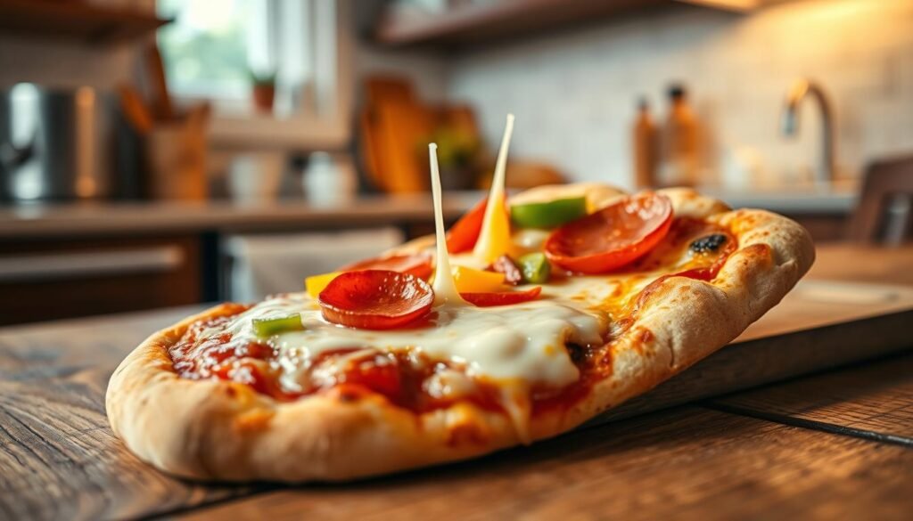 A delicious slice of pizza on a rustic wooden table, showcasing vibrant toppings like melted cheese, pepperoni, and colorful bell peppers. The cheese is gooey and stretching as you lift the slice slightly, highlighting its fresh out-of-the-oven appeal. In the background, a softly blurred kitchen with warm lighting emanates a cozy, inviting atmosphere, evoking a sense of comfort. The angle captures the slice from a slight overhead perspective, emphasizing its mouthwatering details and texture. Soft shadows enhance the overall depth of the image, making it feel rich and appetizing. The mood is cheerful and satisfying, ideal for showcasing a delightful breakfast option. This image is devoid of any text or logos.
