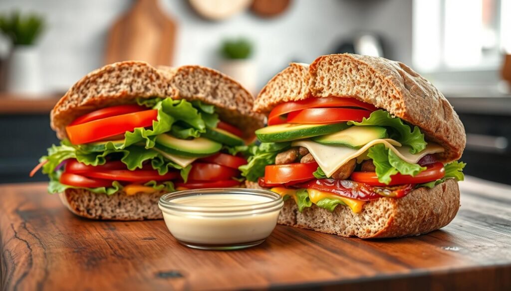A delicious vegan sub sandwich, artfully arranged on a rustic wooden surface. In the foreground, the sub is stuffed with vibrant, fresh ingredients like crispy lettuce, ripe tomatoes, avocado slices, roasted red peppers, and flavorful vegan cheese. The bread is a hearty whole grain, crusty on the outside and soft within. In the middle, the sandwich is cut in half to reveal the colorful fillings, with a small bowl of house-made vegan dressing glistening nearby. In the background, a blurred kitchen setting provides a warm, inviting atmosphere, with soft, natural lighting that highlights the textures of the ingredients. The overall mood is fresh and wholesome, perfect for plant-based enthusiasts.