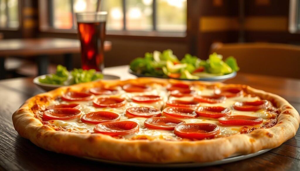 A freshly baked Sbarro pepperoni pizza, topped with gleaming slices of pepperoni and melted mozzarella cheese, presented on a rustic wooden table. In the foreground, the pizza showcases its thick crust, with golden edges and bubbling cheese creating a mouthwatering appeal. In the middle ground, a neatly arranged salad and a glass of soda accentuate the meal, illustrating a typical dining experience. Soft, natural lighting illuminates the scene from a nearby window, casting gentle shadows that enhance texture. The background features a softly blurred restaurant interior with warm, inviting colors, evoking a cozy, casual dining atmosphere. The overall mood is appetizing and inviting, ideal for highlighting nutritional choices.